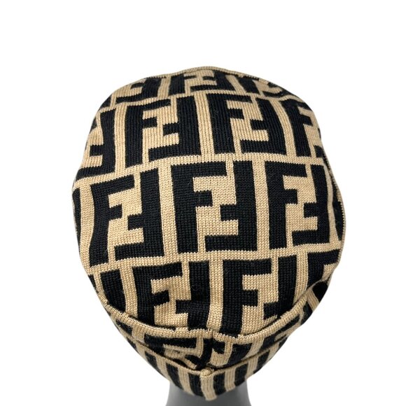 FENDI Vintage Zucca Monogram Knit Beanie #42 Cap Beige Black Wool [105009] - Picture 6 of 10